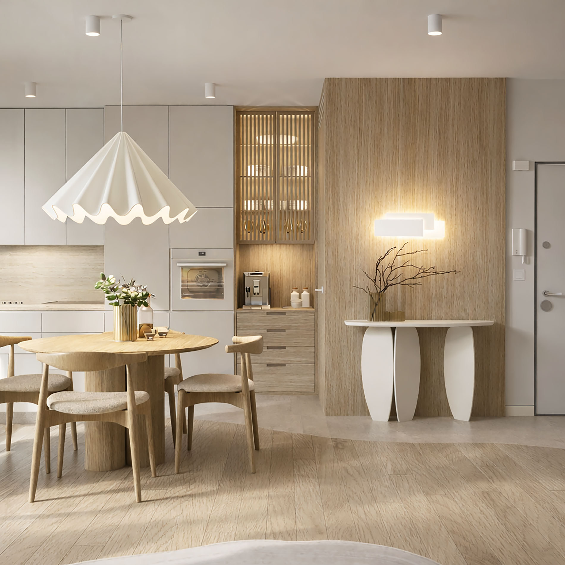 salon z kuchnią w stylu japandi, projekt Estilo Design
