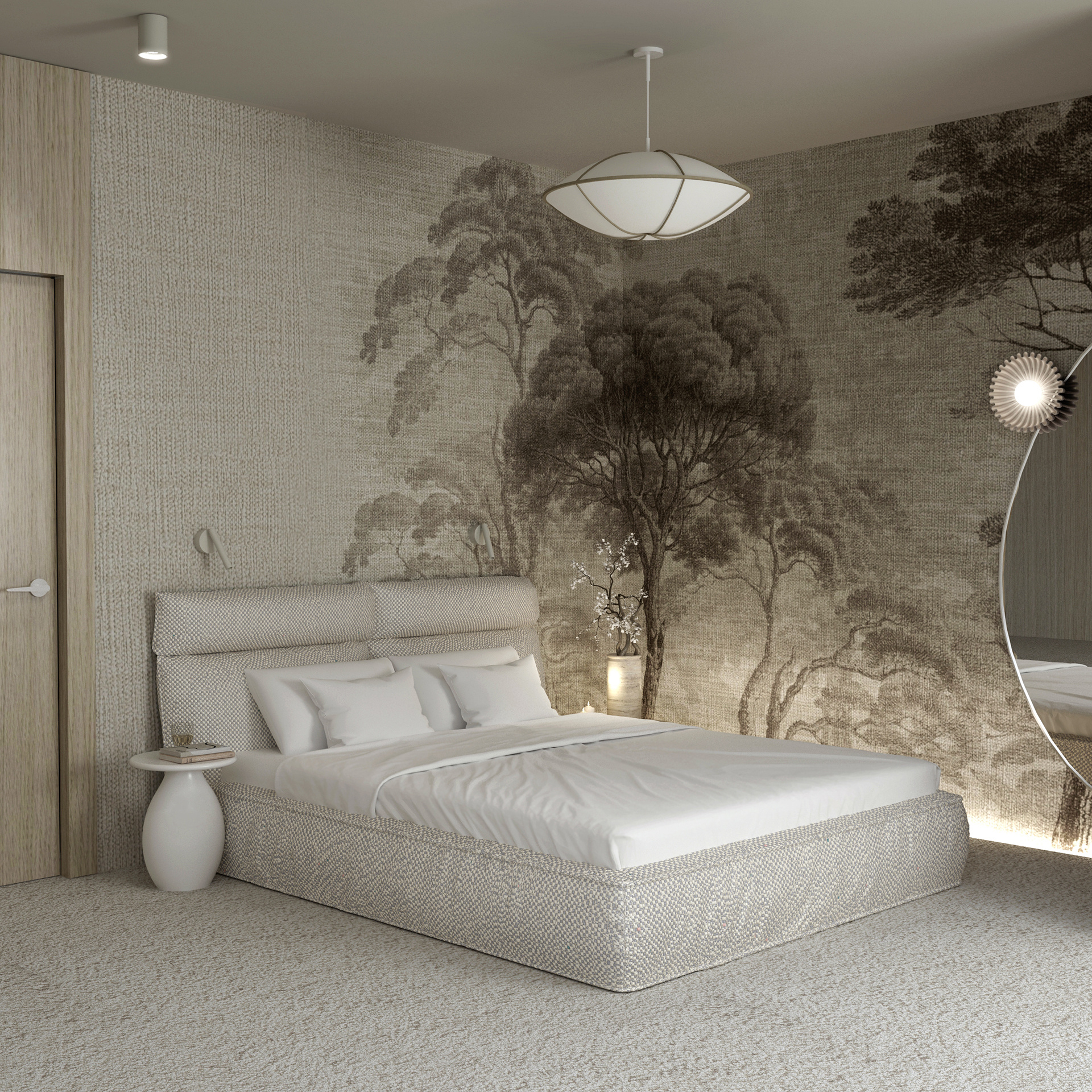 sypialnia z fototapetą w drzewa,, wyciszająca, projekt Estilo Design