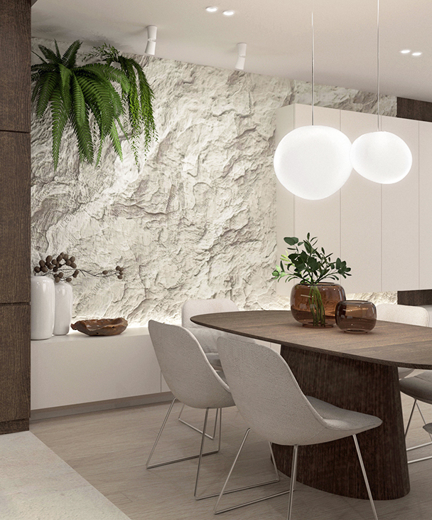 wizualizacja jadalni z imitacją skały, projekt Estilo Design